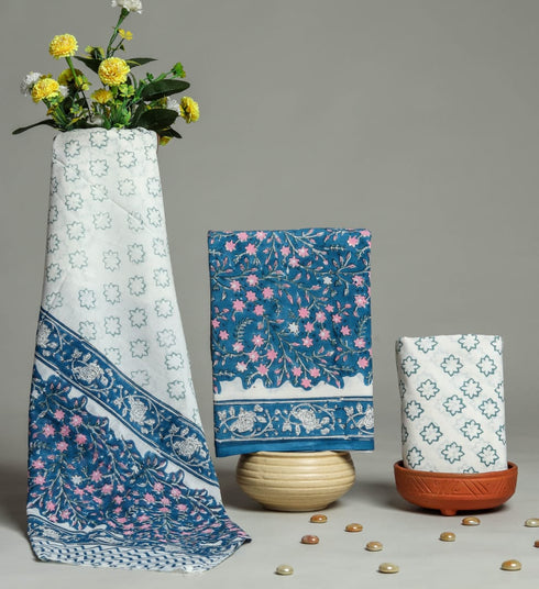 Blue Jaal Print Cotton Suit Set with Mulmul Dupatta (PRMUL106)